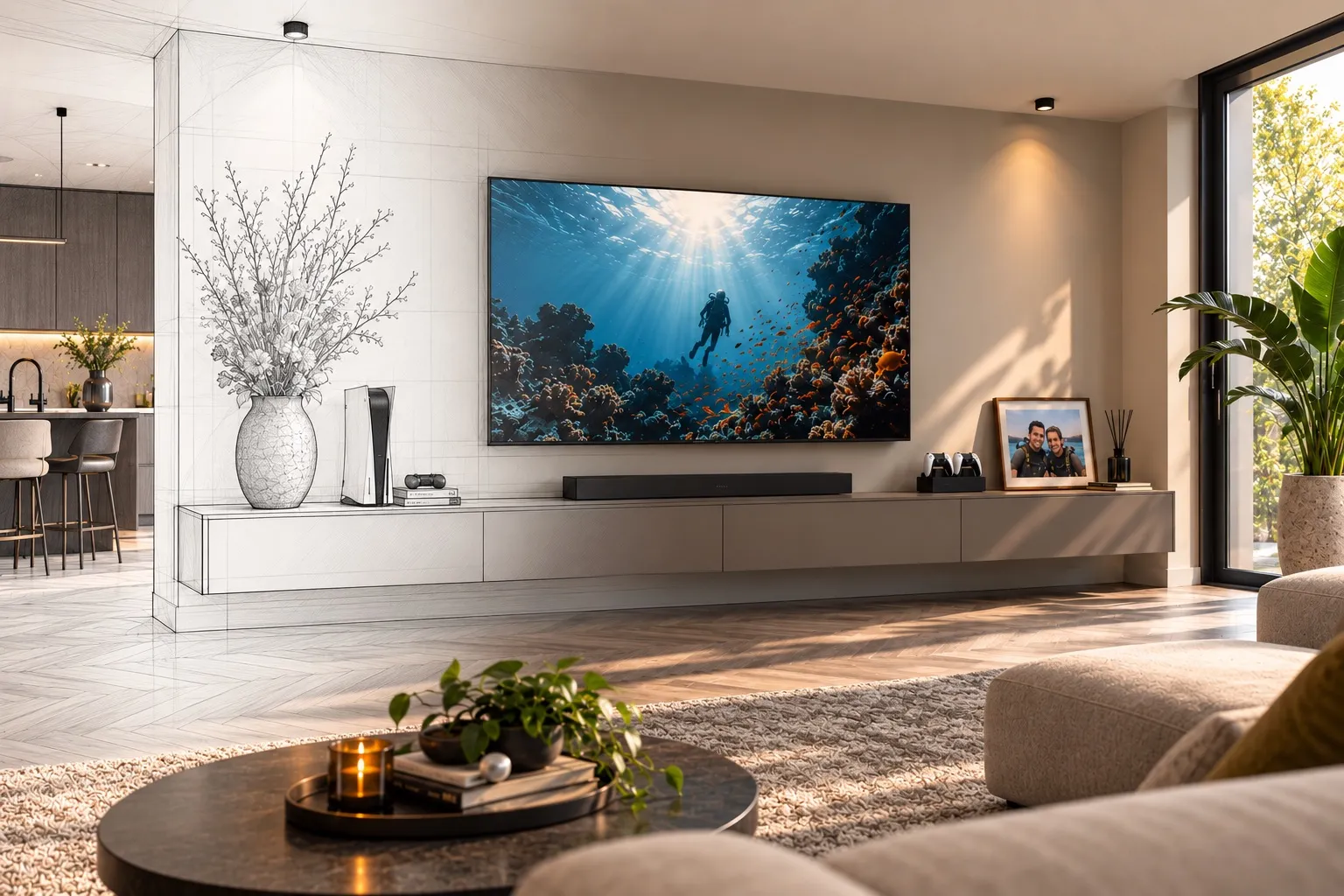 Woonkamer met een zwevend tv-meubel, deels als foto en deels als schets van het 3D-ontwerp