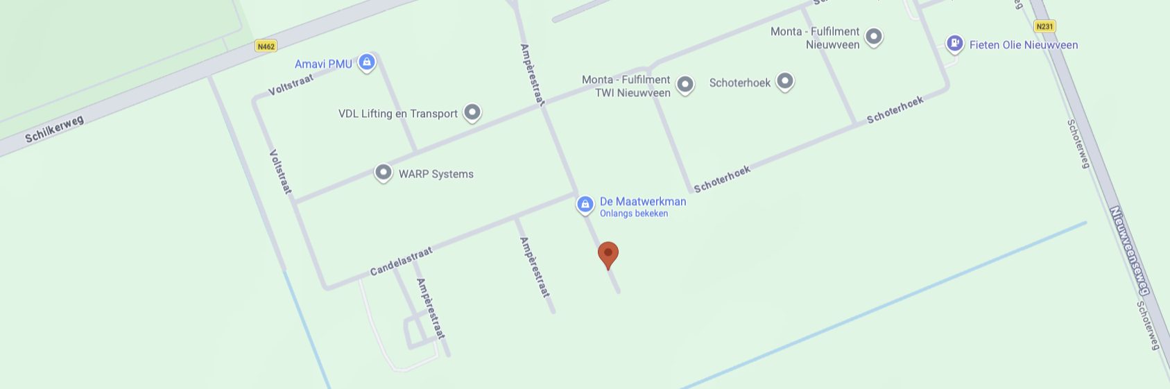 Kaart van Nieuwveen met de locatie van Maat & Stijl aan de Ampèrestraat 30. Opent Google Maps.