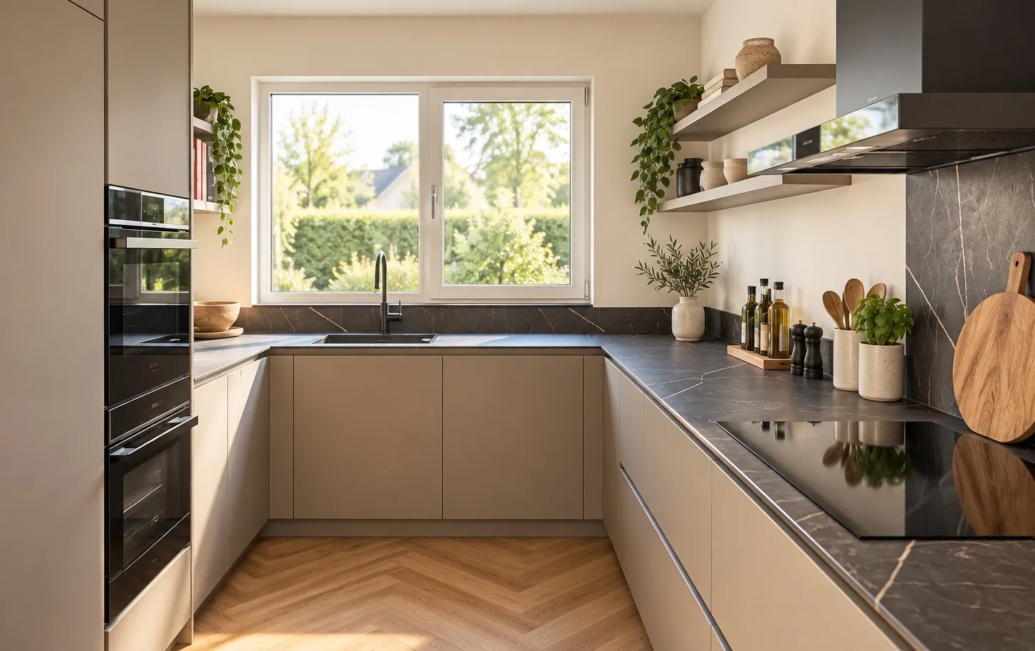 Kleine U-vormige keuken met lichte fronten, een donker werkblad en een raam boven de spoelbak