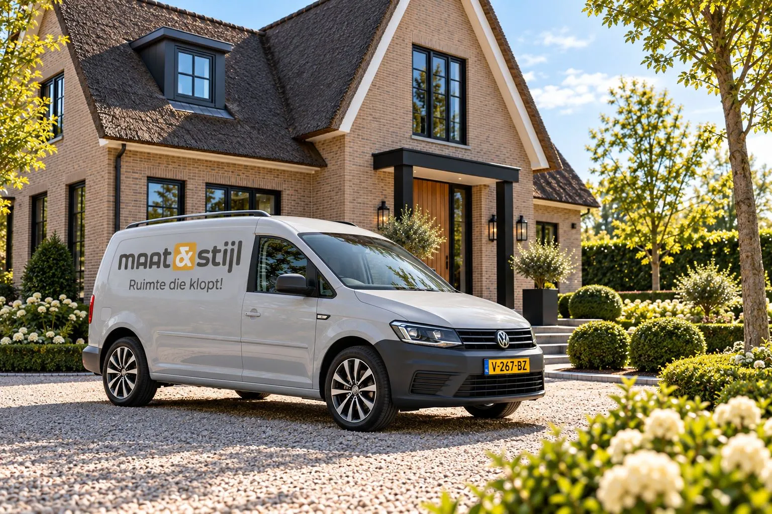 Bedrijfsbus van Maat & Stijl op de oprit van een vrijstaande woning