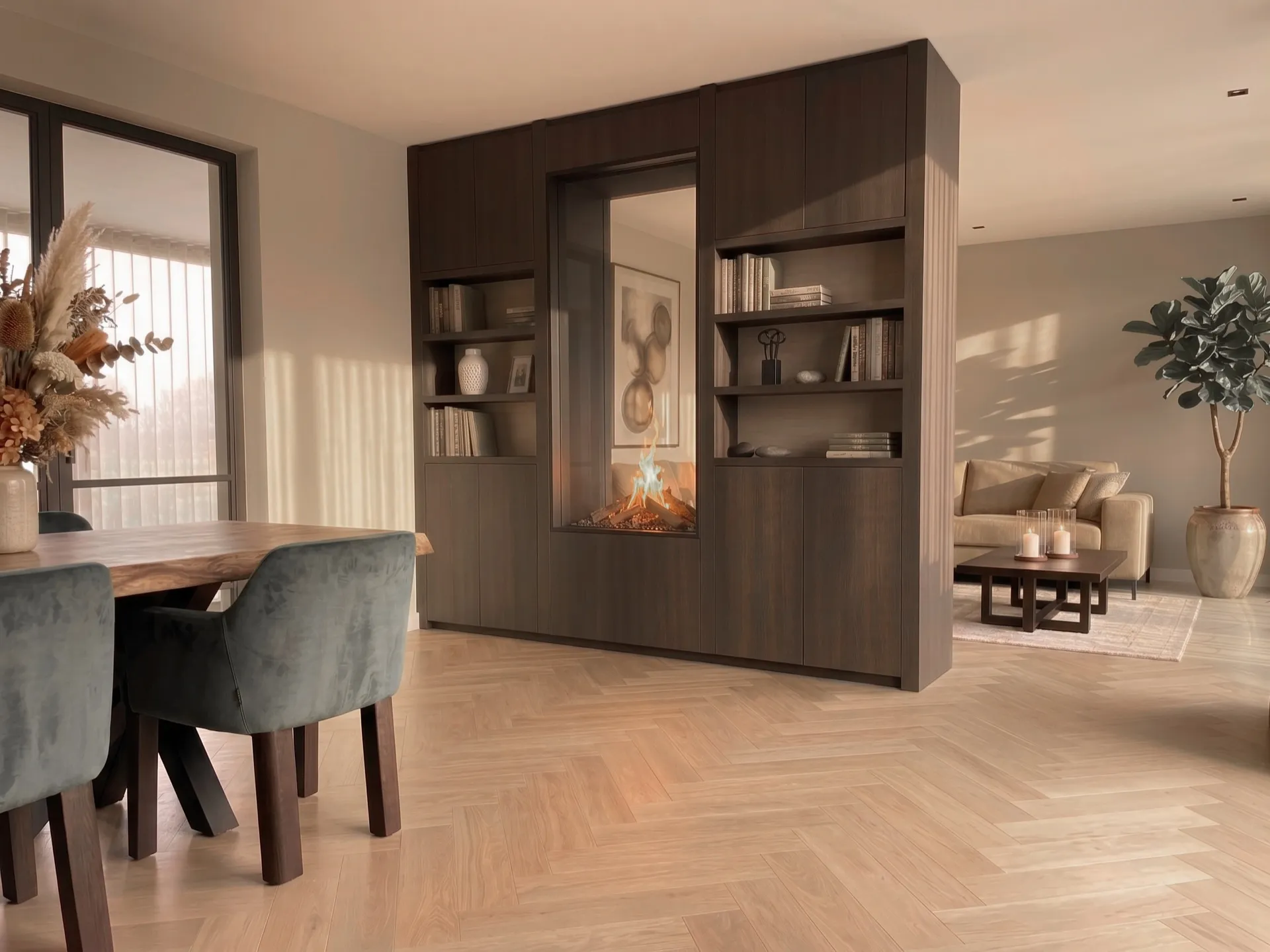 Kast op maat in donker hout met een ingebouwde haard tussen woonkamer en eethoek