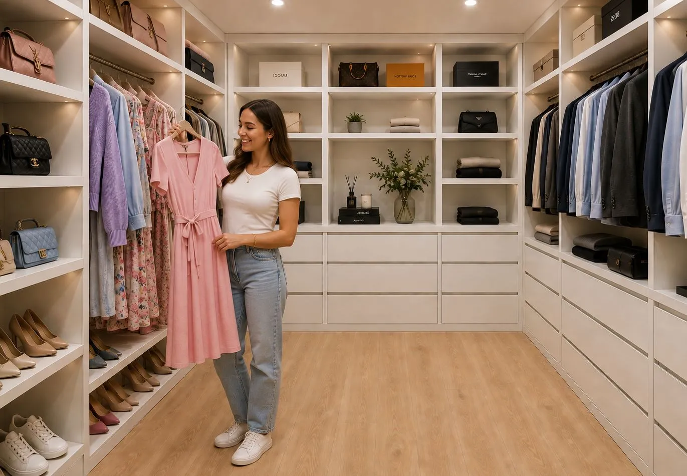 Vrouw in een witte inloopkast op maat met een jurk in haar hand